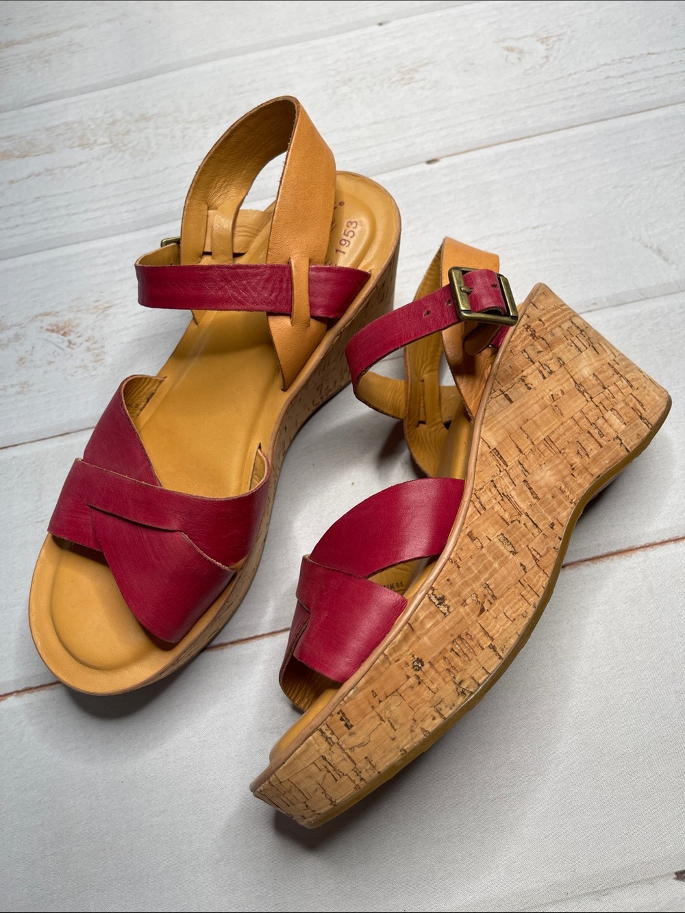 Kork Ease 8 39 Wedge Shoes Sandals Heels Raspberry Pink Tan Straps Leather Cork